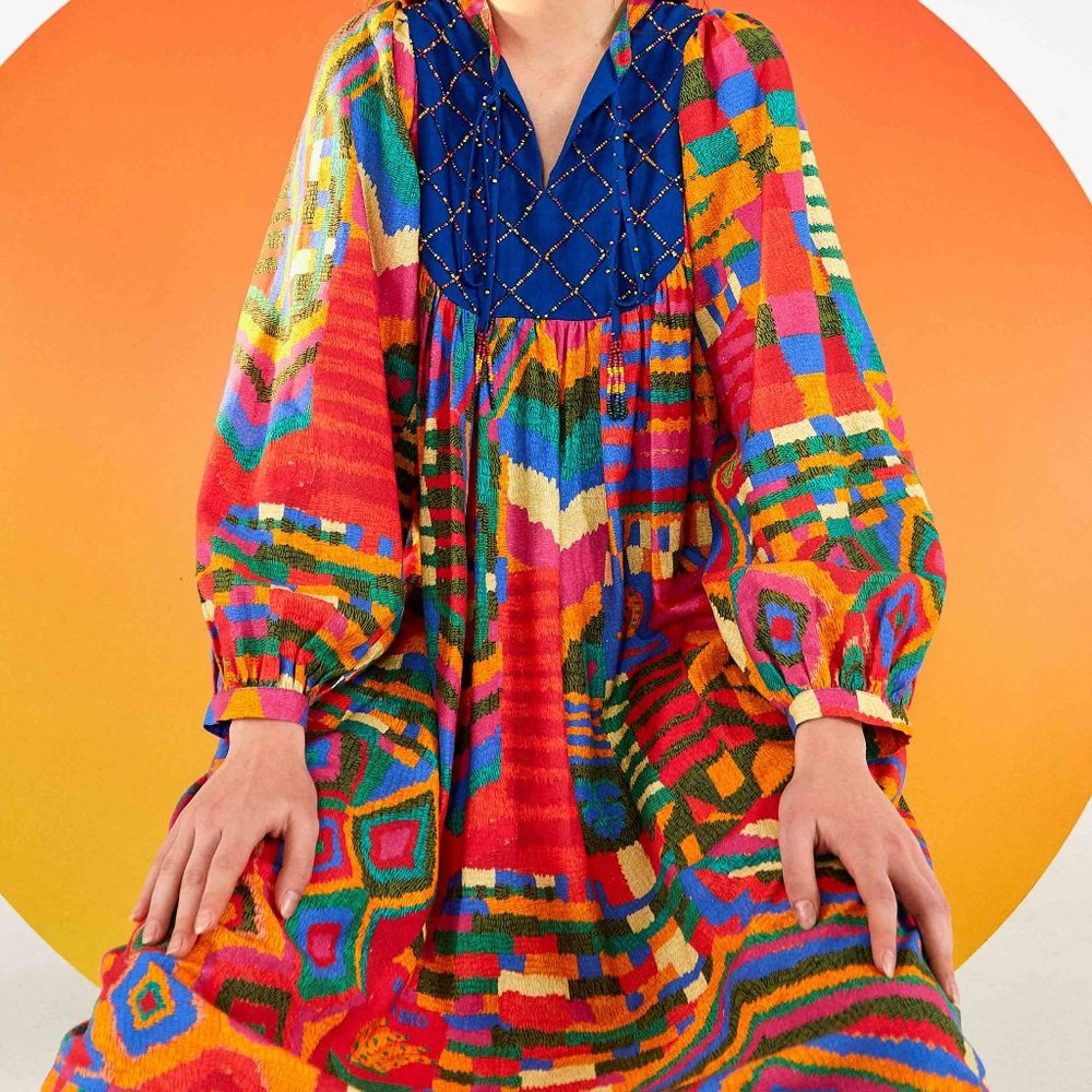 FARM RIO Summer Patches Embroidered Tunic Midi Dress, Size M
